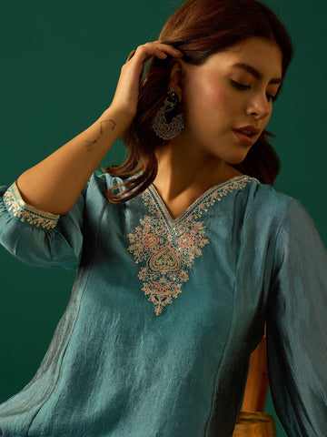 A-Line Kurta With A Zari Embroidered Yoke And V-Neck, Paired With Solid Ankle-Length Trousers For A Graceful Ethnic Look