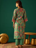Elegant Sea Green Ikat Printed Straight-Fit Kurta With A V-Neck, Paired With Solid Ankle-Length Trousers For A Refined Ethnic Look