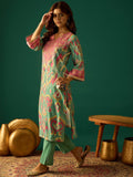 Elegant Sea Green Ikat Printed Straight-Fit Kurta With A V-Neck, Paired With Solid Ankle-Length Trousers For A Refined Ethnic Look