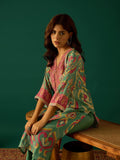 Elegant Sea Green Ikat Printed Straight-Fit Kurta With A V-Neck, Paired With Solid Ankle-Length Trousers For A Refined Ethnic Look