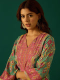Elegant Sea Green Ikat Printed Straight-Fit Kurta With A V-Neck, Paired With Solid Ankle-Length Trousers For A Refined Ethnic Look