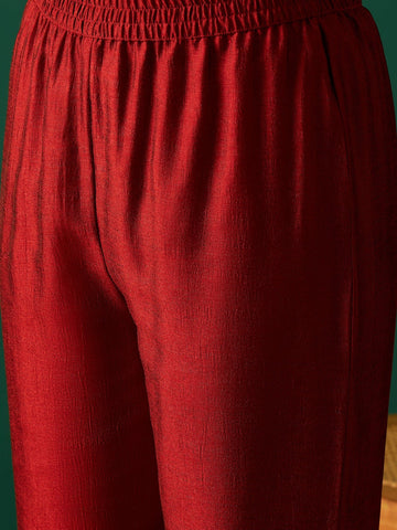 Sleeveless Maroon Straight-Fit Kurta With Mirror Lace Detailing And Boat Neck, Paired With Solid Ankle-Length Trousers For A Bold And Elegant Ethnic Look