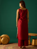 Sleeveless Maroon Straight-Fit Kurta With Mirror Lace Detailing And Boat Neck, Paired With Solid Ankle-Length Trousers For A Bold And Elegant Ethnic Look