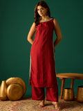 Sleeveless Maroon Straight-Fit Kurta With Mirror Lace Detailing And Boat Neck, Paired With Solid Ankle-Length Trousers For A Bold And Elegant Ethnic Look