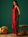 Sleeveless Maroon Straight-Fit Kurta With Mirror Lace Detailing And Boat Neck, Paired With Solid Ankle-Length Trousers For A Bold And Elegant Ethnic Look