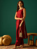 Sleeveless Maroon Straight-Fit Kurta With Mirror Lace Detailing And Boat Neck, Paired With Solid Ankle-Length Trousers For A Bold And Elegant Ethnic Look