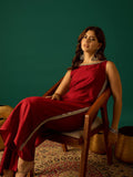 Sleeveless Maroon Straight-Fit Kurta With Mirror Lace Detailing And Boat Neck, Paired With Solid Ankle-Length Trousers For A Bold And Elegant Ethnic Look