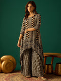 A Stylish Black And White Striped Kurta Paired With Fit-And-Flared Printed Trousers, Blending Classic Straight-Fit Elegance With A Contemporary Edge