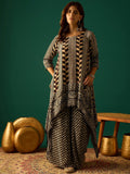 A Stylish Black And White Striped Kurta Paired With Fit-And-Flared Printed Trousers, Blending Classic Straight-Fit Elegance With A Contemporary Edge
