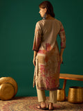 Elegant Floral Printed Straight-Fit Kurta With Three-Quarter Sleeves And V-Neck, Paired With Solid Ankle-Length Trousers For A Classic Look