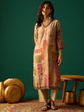 Elegant Floral Printed Straight-Fit Kurta With Three-Quarter Sleeves And V-Neck, Paired With Solid Ankle-Length Trousers For A Classic Look