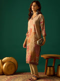Elegant Floral Printed Straight-Fit Kurta With Three-Quarter Sleeves And V-Neck, Paired With Solid Ankle-Length Trousers For A Classic Look