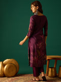 Elegant Floral Printed Straight-Fit Kurta With Three-Quarter Sleeves And V-Neck, Paired With Solid Ankle-Length Trousers For A Classic Look