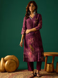 Elegant Floral Printed Straight-Fit Kurta With Three-Quarter Sleeves And V-Neck, Paired With Solid Ankle-Length Trousers For A Classic Look