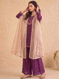 Wine Embroidered Kurta Set Paired With A Shimmering Organza Dupatta.