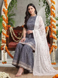 Varanga Blue And White Leheriya Halter Neckline Gota Work Kurta With Sharara And Sequins Emebllished Dupatta.