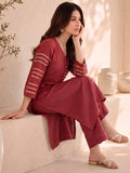 Rust Red Kurta Set Paired With A Shimmering Striped Dupatta