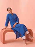 Indigo Blue Embroidered V-Neck Kurta With Polka Dot Detailed Trousers Set