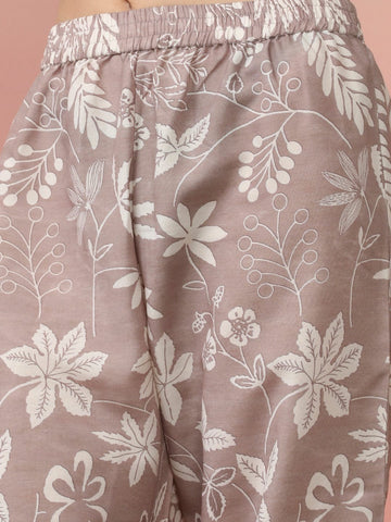 KSUT Women Grey Shirt Collar Side Slit Tunic With Tonal Printed Bottom