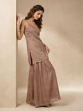 Womens Solid Metallic Kurta Set With Gold Embroidery