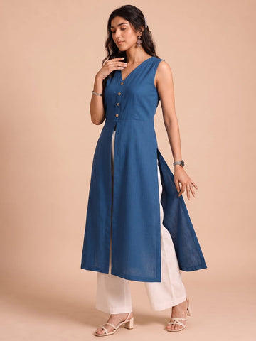 Sleeveless Blue Linen Kurta