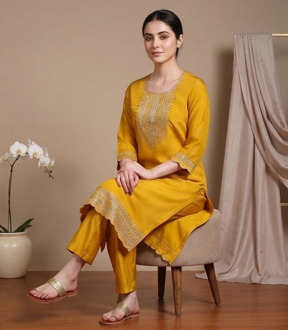 zari embroidered yoke Kurta With trouser and Dupatta