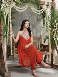 Varanga Women Halter Neck Zari And Sequence Embroidered Sleeveless Flared Kurta Paired With Tonal Bottom