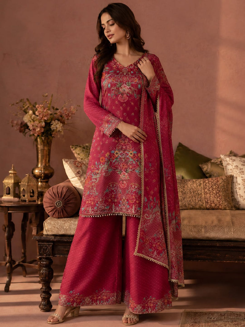 Ethnic Printed Kurta Set With Matching Palazzo And Dupatta