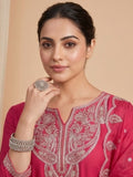 Fuchsia Straight-Fit Kurta Set With Solid Ankle-Length Trousers And An Embroidered Dupatta