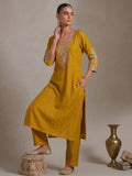 Mustard Straight-Fit Kurta With Embroidered Yoke, Paired With Solid Ankle-Length Trousers