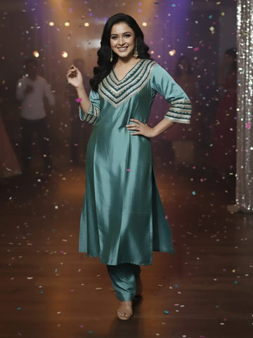 Zari Embroidered Lace Neck Flared Kaftan with Trouser