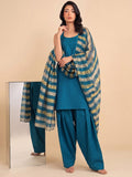 Women Teal Blue Solid Kurta Set With Farsi Salwar & Striped Dupatta
