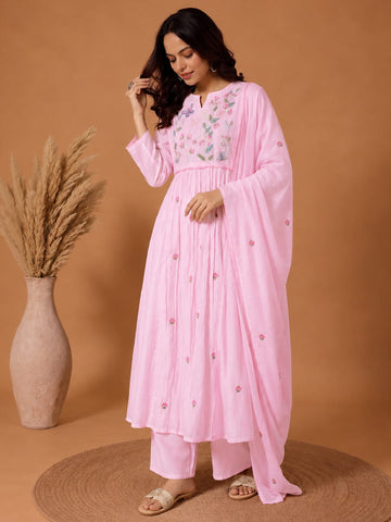 Varanga Women Floral Embroidered Empire Thread Work Pure Cotton Kurta with Trousers & With Dupatta