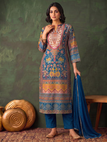 Women'S Blue Floral Printed Straight Kurta Set With Tonal Dupatta