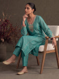 Teal Blue Silk-Blend Embroidered A-Line Kurta With Trousers