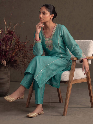 Teal Blue Silk-Blend Embroidered A-Line Kurta With Trousers