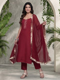 Varanga Women Maroon Round Neck, Spaghetti Strap Style Straight Kurta Paired With Tonal Bottom And Dupatta