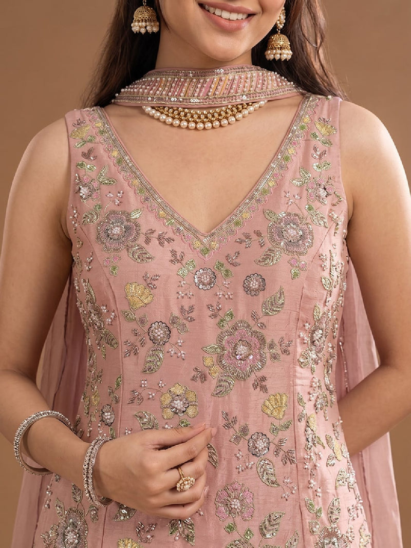 Women's Embroidered Shimmer Short Kurta With Palazzo And Dupatta