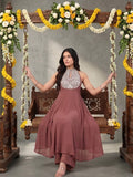 Varanga Women Nude Yoke Embroidered Sleeveless Flared Kurta With Trousers.