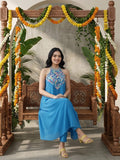 Varanga Women Halter Neck Blue Sleeveless Flared Kurta Paired With Tonal Bottom