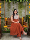 Varanga Women Rust Yoke Embroidered Sleeveless Flared Kurta With Trousers.