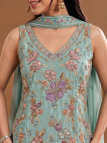 Women's Embroidered Shimmer Short Kurta With Palazzo And Dupatta