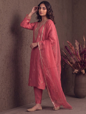 Salmon Pink Zardosi Embroidered Silk Suit Set