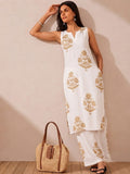 Women's White Kurta Set With Elegant Beige Floral Prints