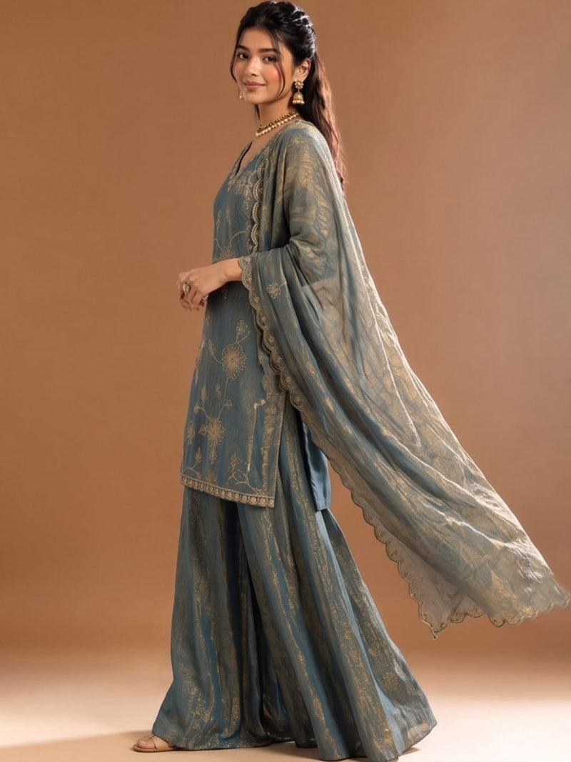 Embroidered Shimmer Kurta Set With Dupatta
