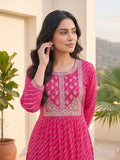 Bandhani-Printed Fuchsia Anarkali With Zari-Embroidered Yoke, Paired With Solid Trousers And Dupatta .