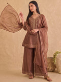 Embroidered Brown Kurta Set With Palazzo And Dupatta.