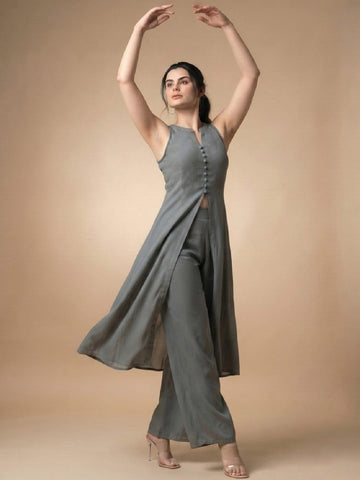 Solid Grey Halter Neck Front Slit Kurta With Palazzos