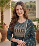 Varanga Women Grey Yoke Embroidered Straight Kurta Paired With Tonal Solid Bottom And Dupatta