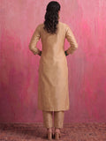 Beige Embroidered Chanderi Kurta Set With Straight Pants And Organza Dupatta.